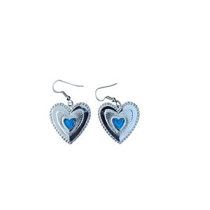 Vintage Silvertone Heart Earrings with Turquoise‎ Inlay